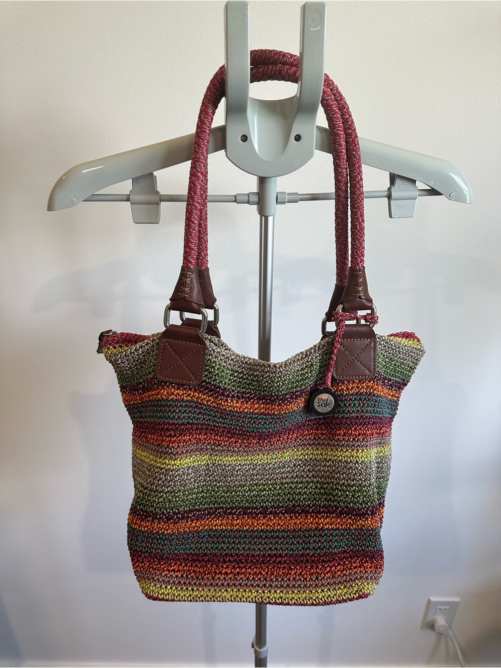 The Sak Crochet Knit Shoulder Tote Multicolor Striped Boho Leather Trim Bag